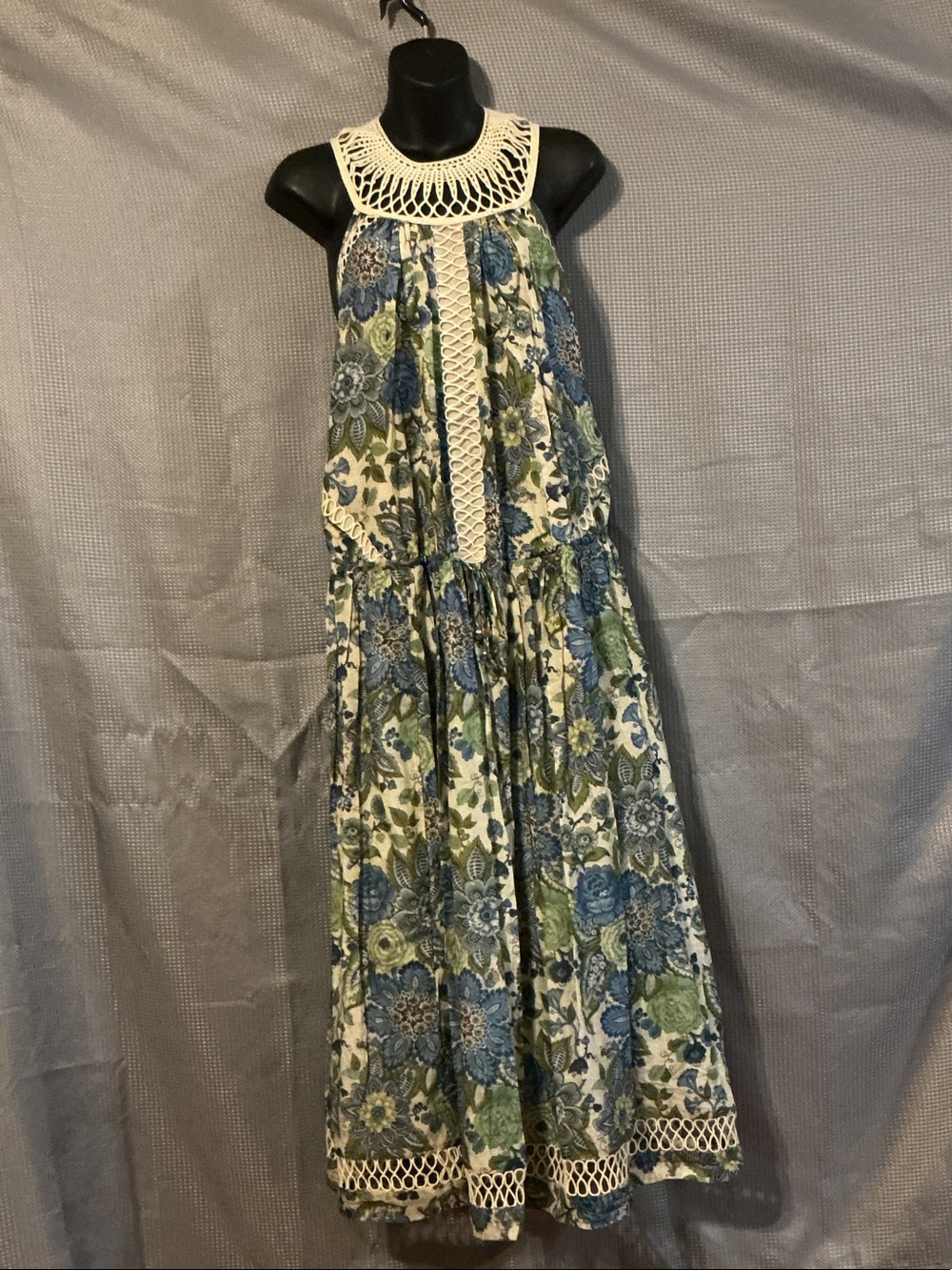 Anthropologie Blue & Green Floral Crochet-Yoke Maxi Dress